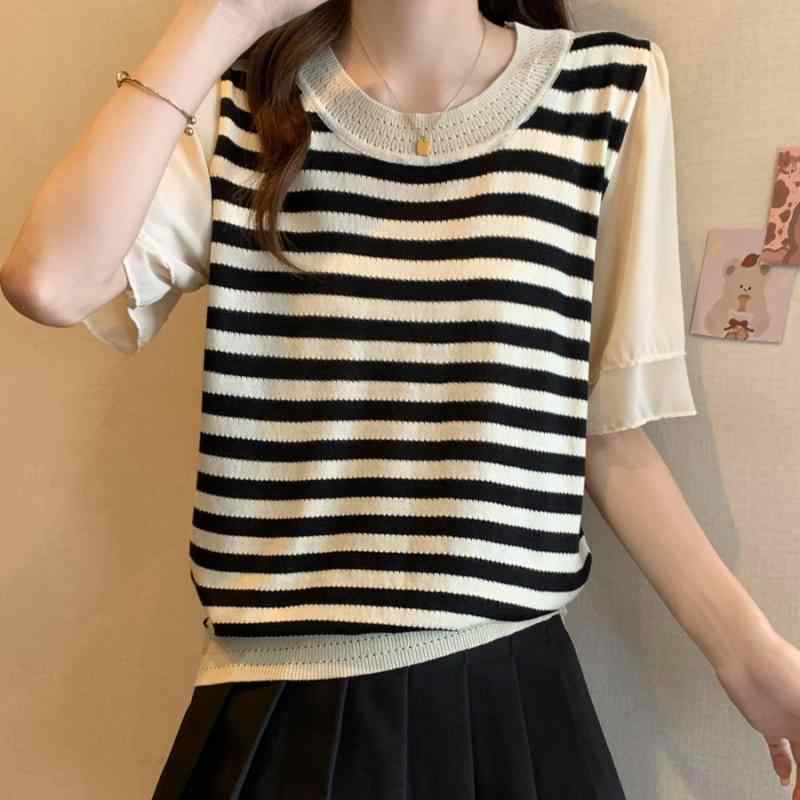 秋服 レディース ファッション オシャレ カワイイ シンプル 大人カワイイ 大きいサイズ 秋 ストライプ ラウンドネック シフォン スリーブ ニット 薄手 T シャツ トップス