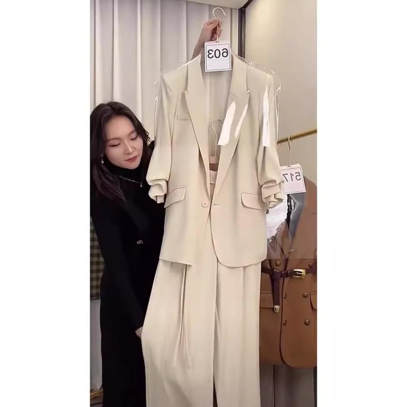 秋服 レディース ファッション オシャレ カワイイ シンプル 大人カワイイ 大きいサイズ 秋 スリム スーツ ツーピース 薄手 春秋 七分袖 ワイド レッグ パンツ