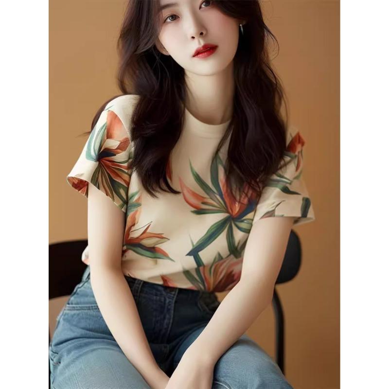 Print - 秋服 レディース ファッション オシャレ カワイイ シンプル 大人カワイイ 大きいサイズ プリント 半袖 T シャツ 秋 ハイエンド トップス
