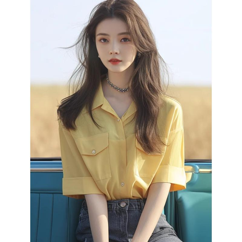 秋服 レディース ファッション オシャレ カワイイ シンプル 大人カワイイ 大きいサイズ 軽 エレガント ポロ カラー イエロー シャツ 半袖 トップス