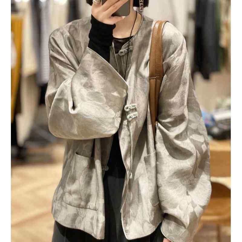 秋服 レディース ファッション オシャレ カワイイ シンプル 大人カワイイ 大きいサイズ ライト ジャカード カーディガン ジャケット 春秋 グレー 唐 スーツ トップス