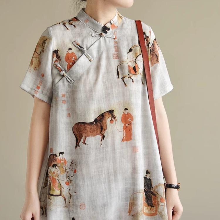 秋服 レディース ファッション オシャレ カワイイ シンプル 大人カワイイ 大きいサイズ プリント コットンリネン 半袖 ドレス 秋 ミドル丈 カジュアル スタンドカラー プレート ボタン リネン チャイナ