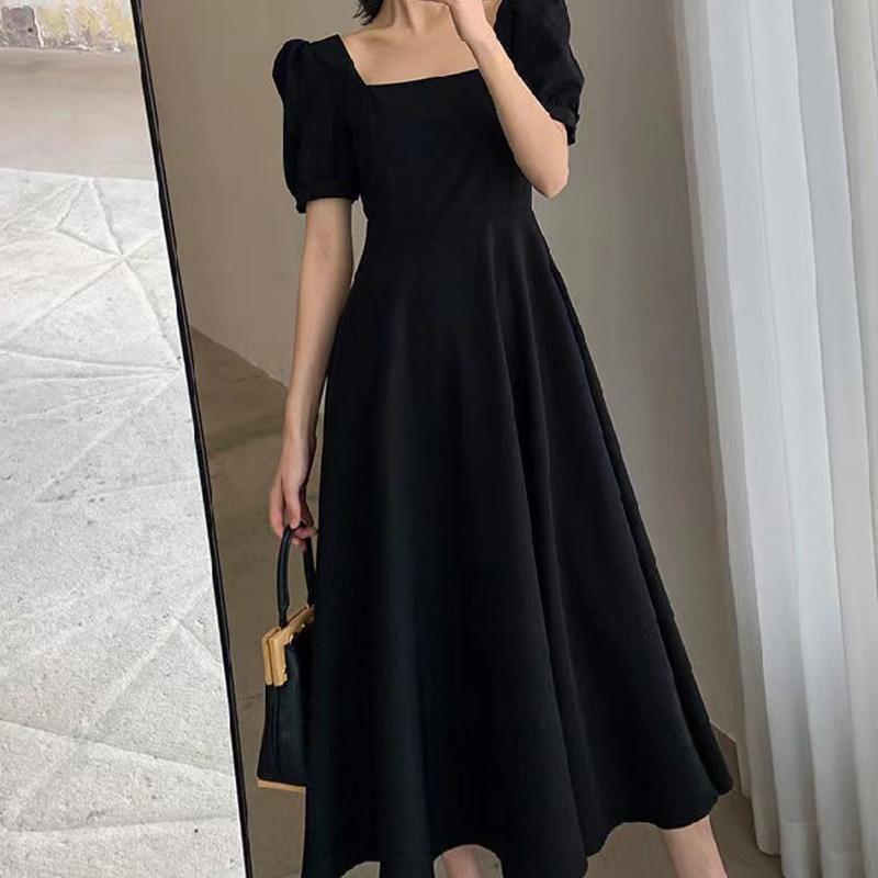 秋服 レディース ファッション オシャレ カワイイ シンプル 大人カワイイ 大きいサイズ 黒 フレンチ ドレス 秋 スクエアネック 通勤ウェア スリム ロング スカート