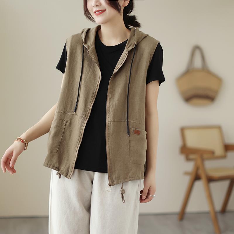 秋服 レディース ファッション オシャレ カワイイ シンプル 大人カワイイ 大きいサイズ 単品 フード付き リネンカーディガン ベスト コート 秋 チョッキ 綿 リネン トップス