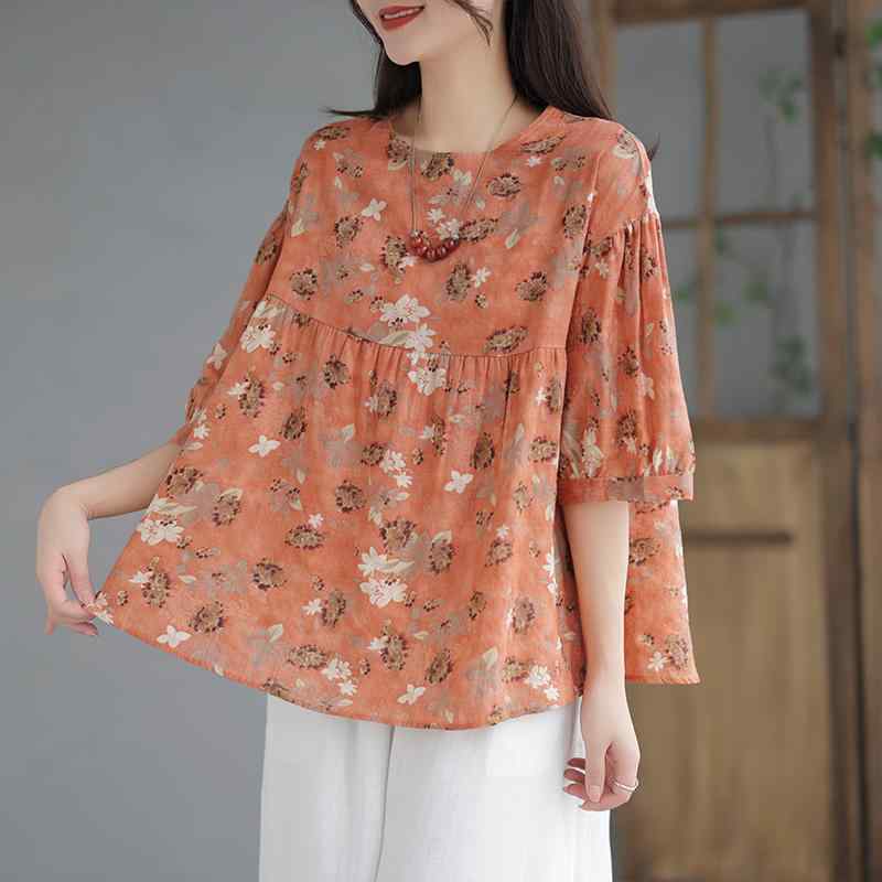 秋服 レディース ファッション オシャレ カワイイ シンプル 大人カワイイ 大きいサイズ ウェア 花柄 ラミー 半袖 秋 コットンリネン トップス
