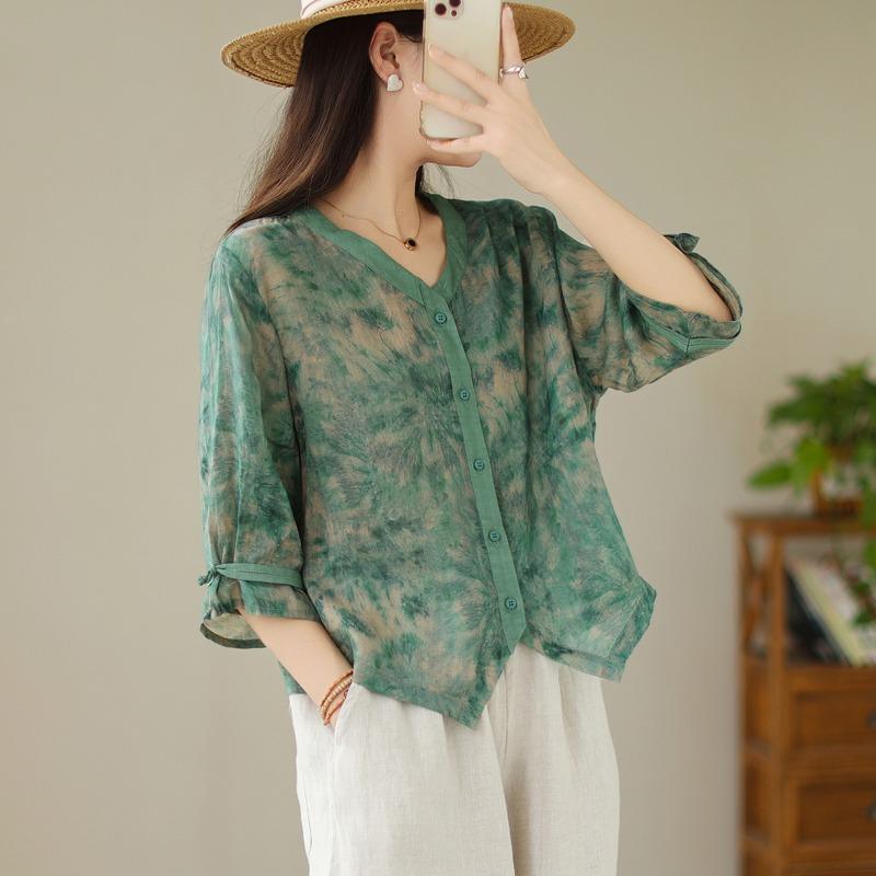 Wear （Sports） - 秋服 レディース ファッション オシャレ カワイイ シンプル 大人カワイイ 大きいサイズ プリント ラミー 半袖 シャツ 秋 グリーン ライト コットンリネン トップス