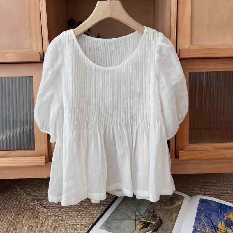 秋服 レディース ファッション オシャレ カワイイ シンプル 大人カワイイ 大きいサイズ ハイエンド プリーツ ラミー トップス 秋 フレンチ ホワイト 軽 コットンリネン プルオーバー 半袖(4.0)