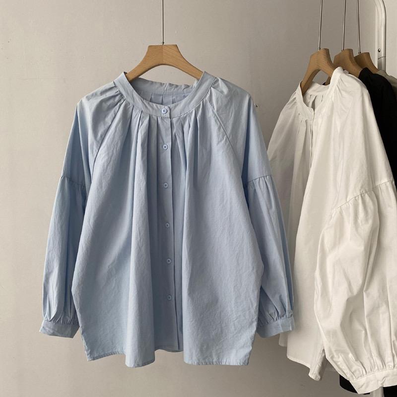秋服 レディース ファッション オシャレ カワイイ シンプル 大人カワイイ 大きいサイズ ブルー コットン シャツ 秋 無地 プリーツ ラン..