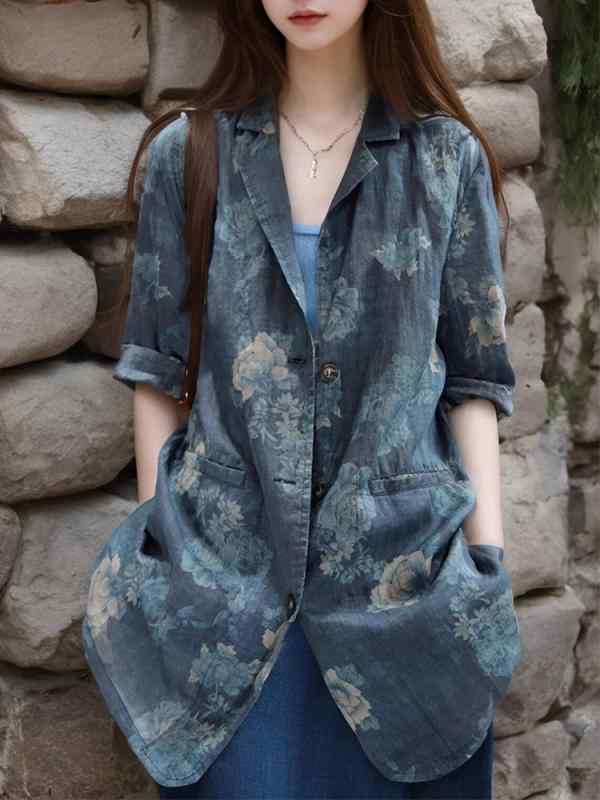 秋服 レディース ファッション オシャレ カワイイ シンプル 大人カワイイ 大きいサイズ エスニック ラミー プリント 七分袖 スーツ 秋 ゆったり スタイリッシュ コットンリネン ミドル丈 日焼け防止 ジャケット