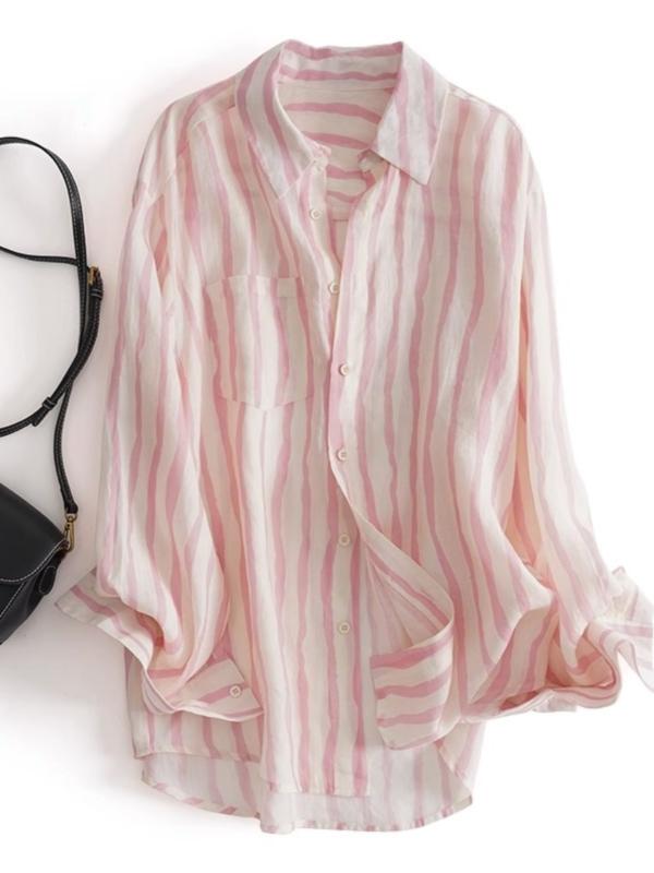 服装（体育） - 秋服 レディース ファッション オシャレ カワイイ シンプル 大人カワイイ 大きいサイズ ラミー 長袖 ストライプ シャツ 春秋 薄手 カジュアル 日焼け防止 カーディガン ピンク シャツ