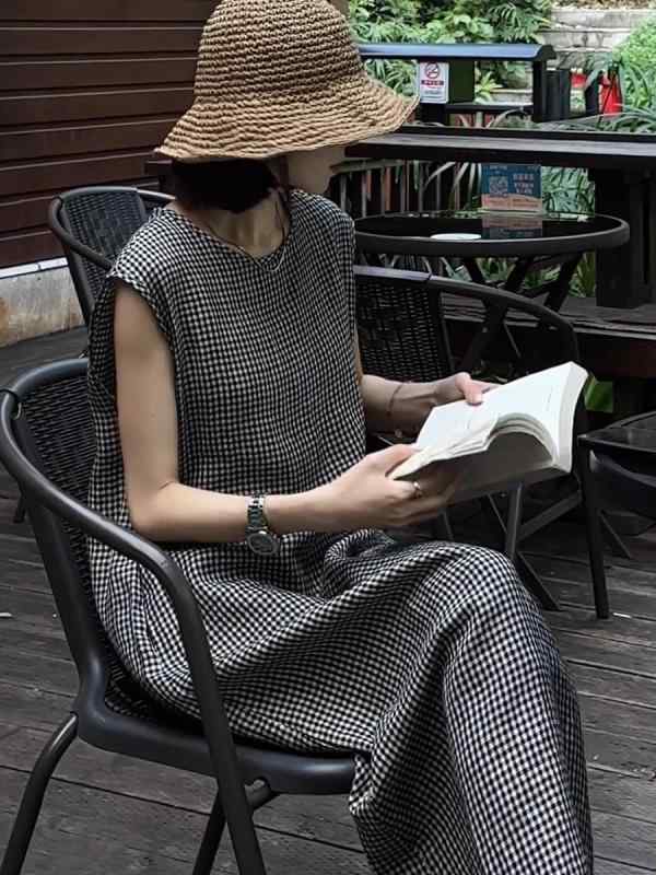 秋服 レディース ファッション オシャレ カワイイ シンプル 大人カワイイ 大きいサイズ 黒 白 チェック柄 綿 リネン ベスト ドレス 秋 フォレスト シンプル ノースリーブ ドレス