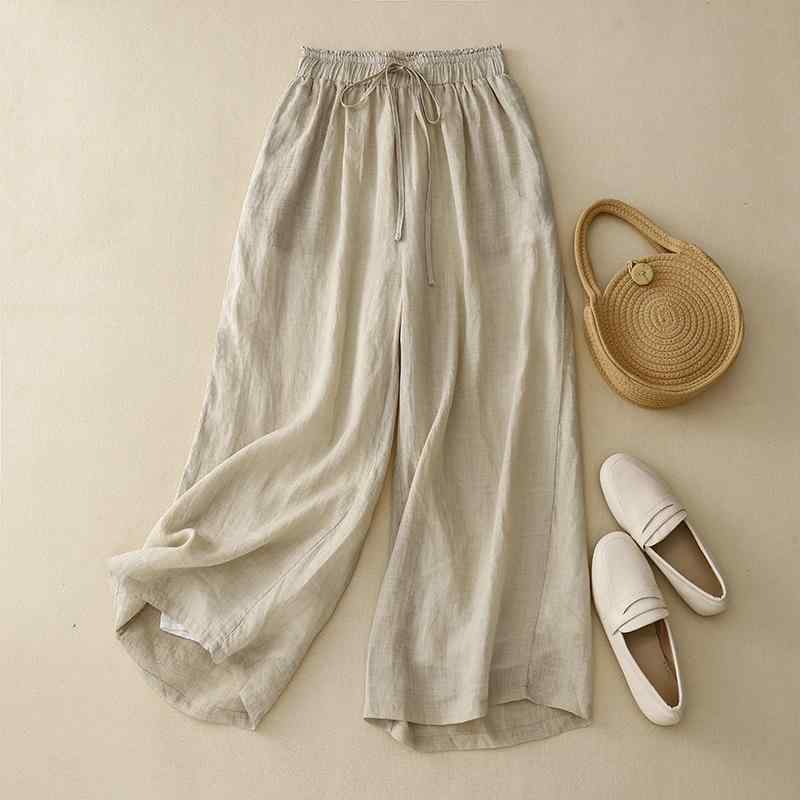 Cotton - 秋服 レディース ファッション オシャレ カワイイ シンプル 大人カワイイ 大きいサイズ フラッシュ レトロ 綿 リネン ワイド レッグ パンツ 秋 カジュアル 九分丈