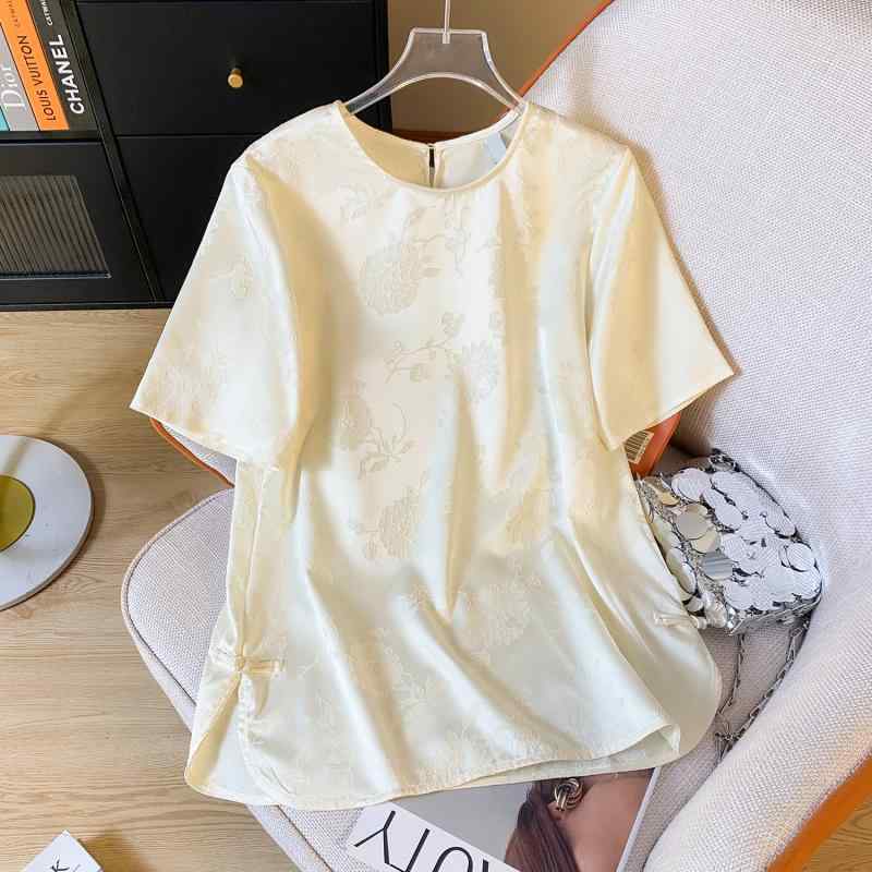 秋服 レディース ファッション オシャレ カワイイ シンプル 大人カワイイ 大きいサイズ ジャカード ラウンドネック アセテート 半袖 シャツ 秋 シック T