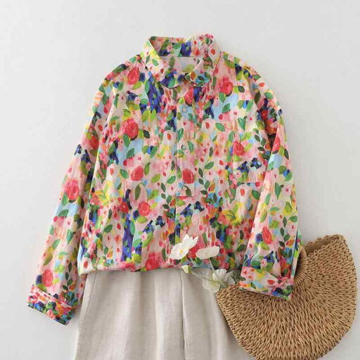 秋服 レディース ファッション オシャレ カワイイ シンプル 大人カワイイ 大きいサイズ レトロ 油絵 花柄 シャツ 長袖 秋 ローズプリント カジュアル トップス 秋服 レディース ファッション オシャレ カワイイ シンプル 大人カワイイ 大きいサイズ レトロ 油絵 花柄 シャツ 長袖 秋 ローズプリント カジュアル トップス