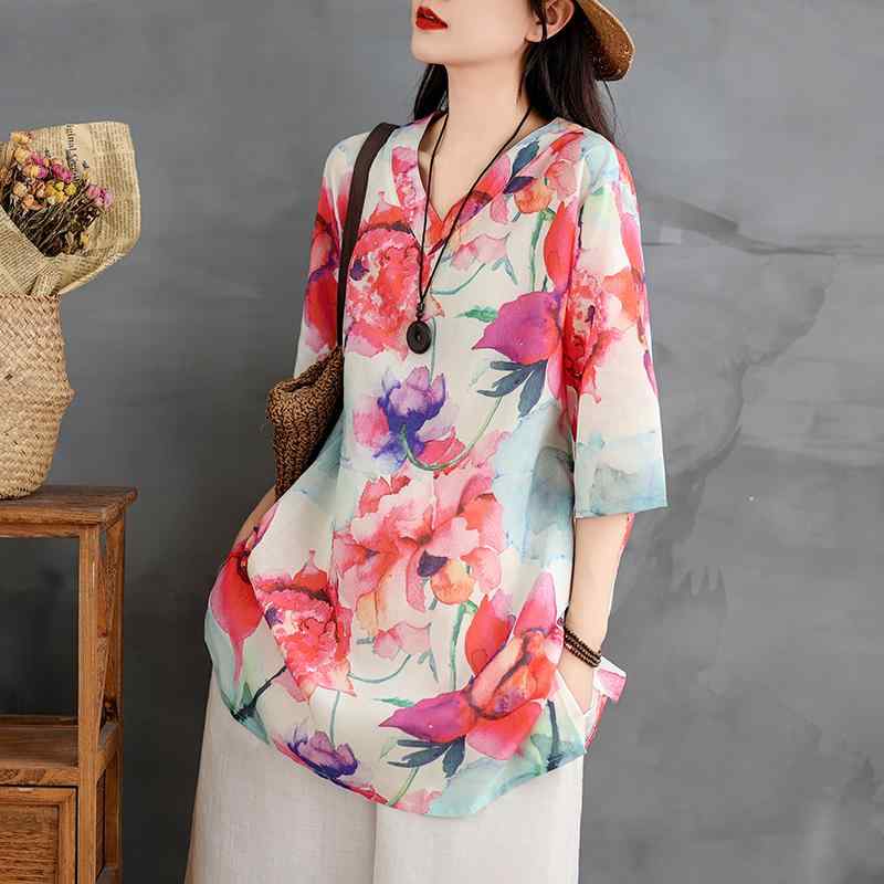 秋服 レディース ファッション オシャレ カワイイ シンプル 大人カワイイ 大きいサイズ レトロ ラミー プリント Vネック シャツ 秋 ミドル丈 コットンリネン ミッド スリーブプル オーバー トップス