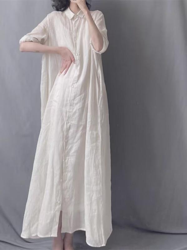 秋服 レディース ファッション オシャレ カワイイ シンプル 大人カワイイ 大きいサイズ フェアリー 白 リネン ドレス 秋 エレガント カジュアル 長袖 コットンリネン シャツ ロング スカート