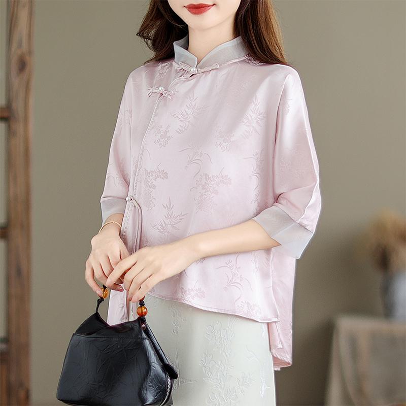 秋服 レディース ファッション オシャレ カワイイ シンプル 大人カワイイ 大きいサイズ ボタン ダウン ピンク シャツ 秋 唐 スーツ ジャカード ティー ミッド スリーブ サテン トップス