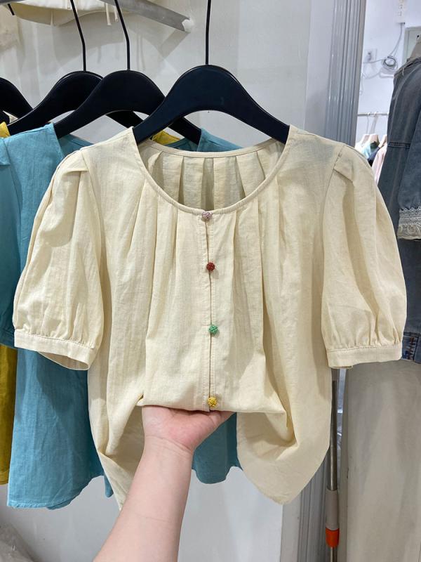 秋服 レディース ファッション オシャレ カワイイ シンプル 大人カワイイ 大きいサイズ フレンチ プリーツ 半袖 コットンリネン シャツ 秋 ハイエンド 韓国スタイル パフスリーブ リネン シャツ トップス