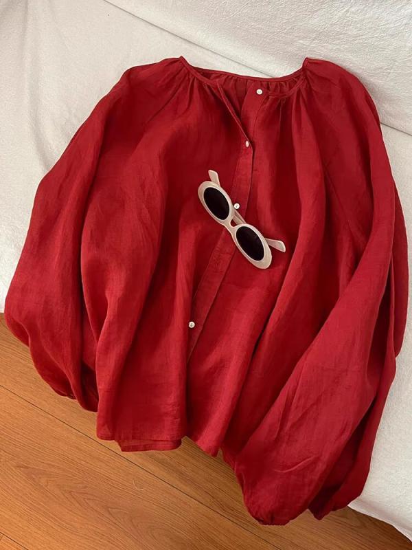 秋服 レディース ファッション オシャレ カワイイ シンプル 大人カワイイ 大きいサイズ レッド ラミー シャツ 秋 韓国スタイル コットンリネン 日焼け防止 トップス