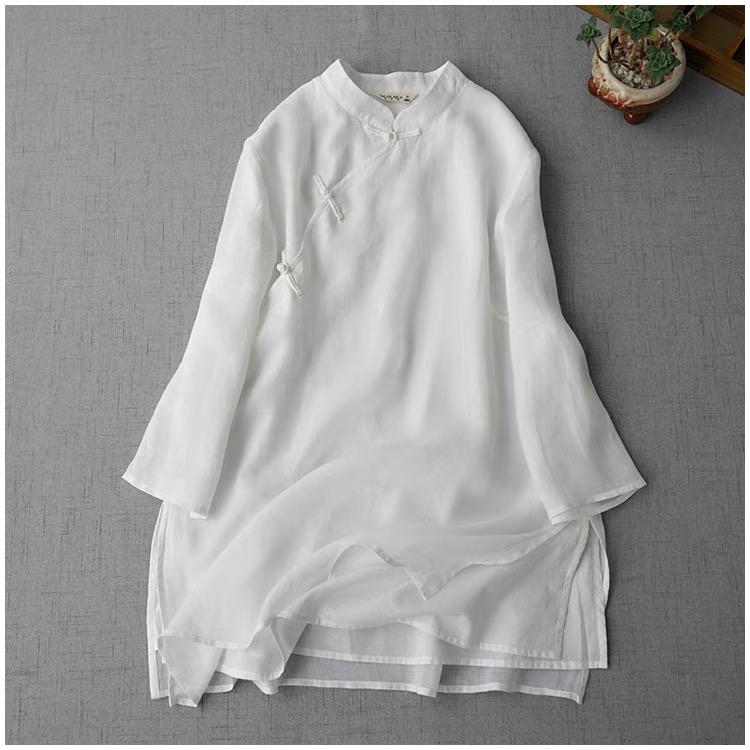 3-Quarter Sleeves - 秋服 レディース ファッション オシャレ カワイイ シンプル 大人カワイイ 大きいサイズ ボタン リネン シャツ 秋 無地 七分袖 茶道 スーツ ミドル丈 綿 リネン トップス
