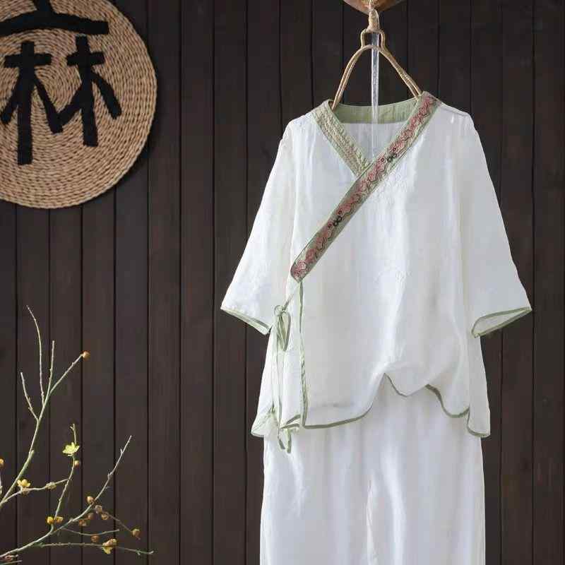 秋服 レディース ファッション オシャレ カワイイ シンプル 大人カワイイ 大きいサイズ レトロ エスニック ジャカード ラミー シャツ 秋 レースアップ ティー スーツ 綿 リネン シャツ トップス