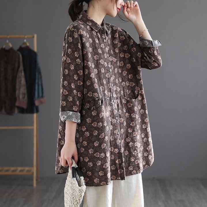 秋服 レディース ファッション オシャレ カワイイ シンプル 大人カワイイ 大きいサイズ ミドル丈 コットンプリント シャツ カジュアル カーディガン