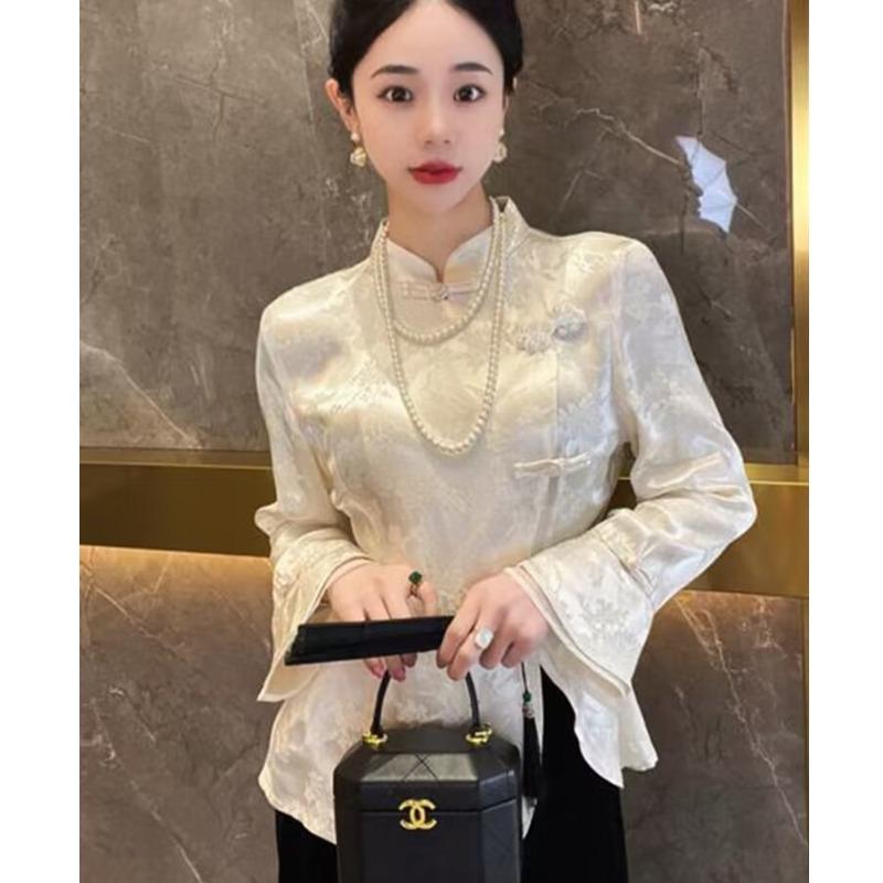 秋服 レディース ファッション オシャレ カワイイ シンプル 大人カワイイ 大きいサイズ 唐 スーツ ハイエンド ジャカード ジャケット 漢服 白 ボタン シャツ トップス