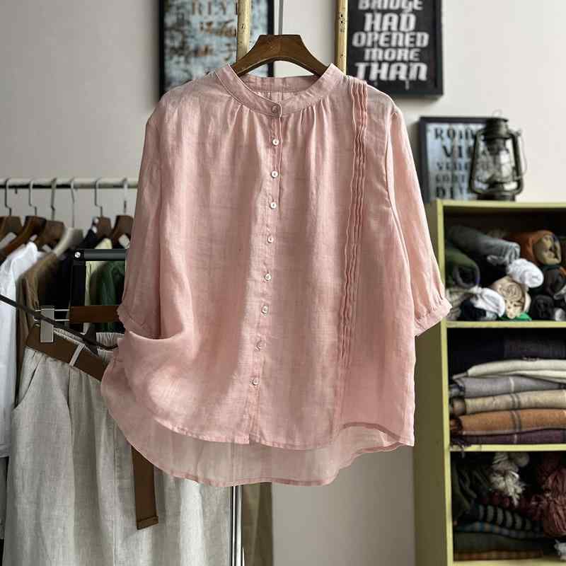 秋服 レディース ファッション オシャレ カワイイ シンプル 大人カワイイ 大きいサイズ スタンドカラー アコーディオン プリーツ コットンリネン 七分袖 シャツ 秋 無地 カジュアル T カーディガン トップス