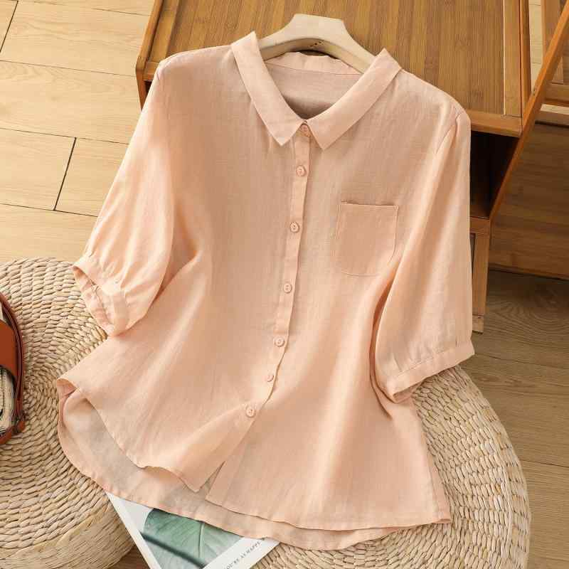 Rakuten - 秋服 レディース ファッション オシャレ カワイイ シンプル 大人カワイイ 大きいサイズ 綿 リネン シャツ 秋 ハイエンド 五分袖 薄手 カーディガン 無地 リネン トップス