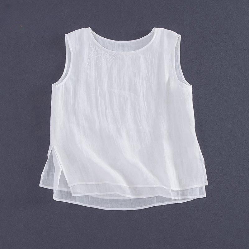 秋服 レディース ファッション オシャレ カワイイ シンプル 大人カワイイ 大きいサイズ 薄手 ラミー ノースリーブ T シャツ ゆったり ラウンドネック ボトム コットンリネン ベスト トップス