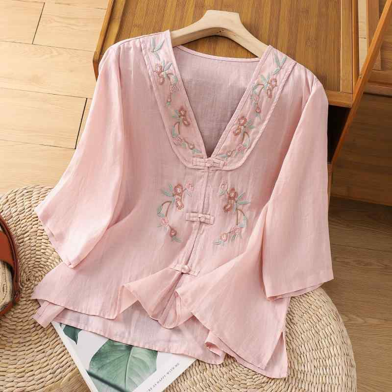 秋服 レディース ファッション オシャレ カワイイ シンプル 大人カワイイ 大きいサイズ レトロ コットンリネン ボタン ダウン シャツ サマー シック リネン 仏教 五分丈 ティー スーツ トップス