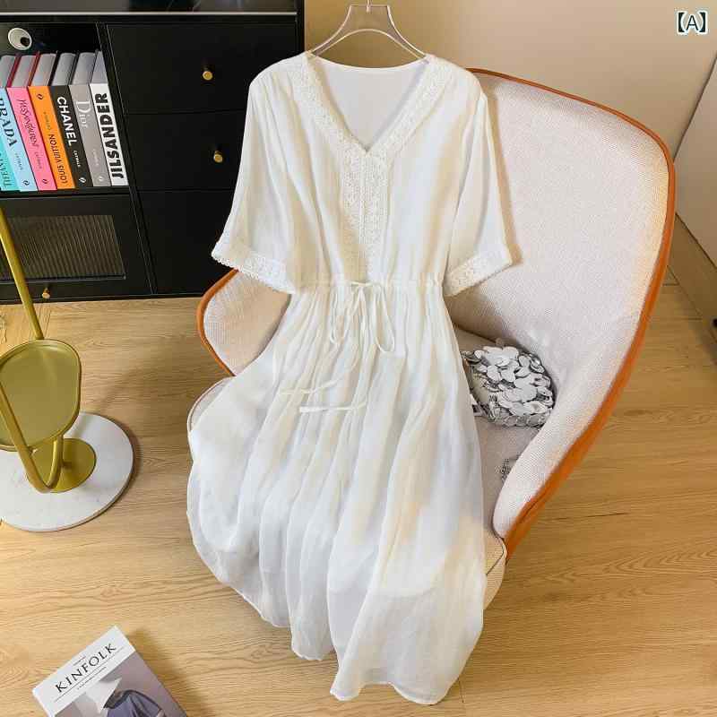 秋服 レディース ファッション オシャレ カワイイ シンプル 大人カワイイ 大きいサイズ フレンチ ホワイト Vネック ドレス ハイエンド ストラップ ビーチ ロング