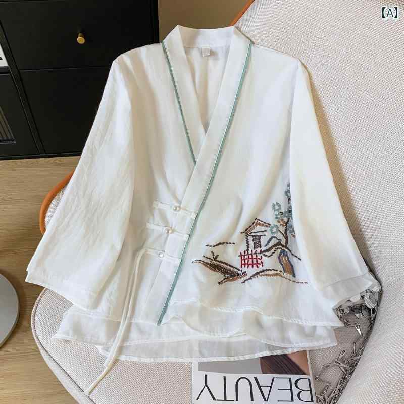 秋服 レディース ファッション オシャレ カワイイ シンプル 大人カワイイ 大きいサイズ 唐服 綿 リネン ティー スーツ 秋 薄手 ブレスト 漢服 七分袖 シャツ