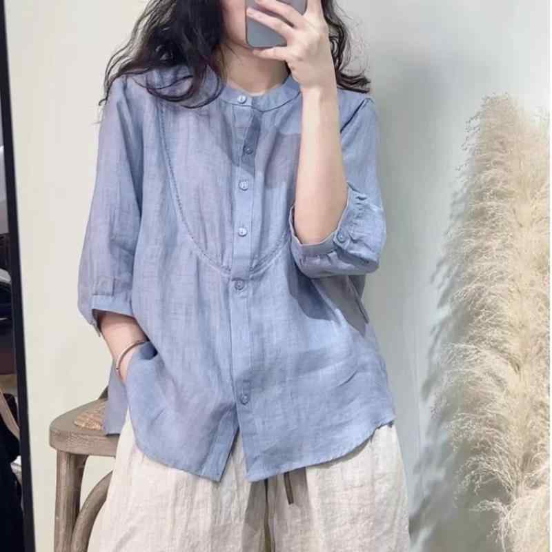 Rakuten - 秋服 レディース ファッション オシャレ カワイイ シンプル 大人カワイイ 大きいサイズ ソリッドカラー コットンリネン 七分袖 シャツ 秋 カジュアル 単品 ブレスト カーディガン トップス