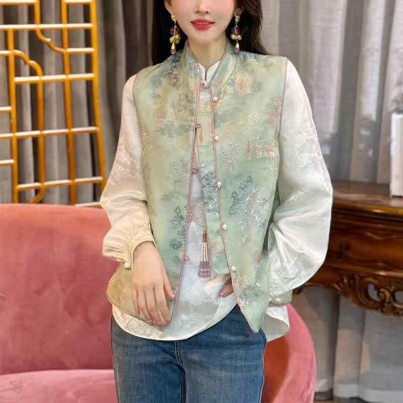 乐天商城 - 秋服 レディース ファッション オシャレ カワイイ シンプル 大人カワイイ 大きいサイズ ベスト 春秋 ハイエンド 唐装 レトロ チョッキ チャイナ トップス