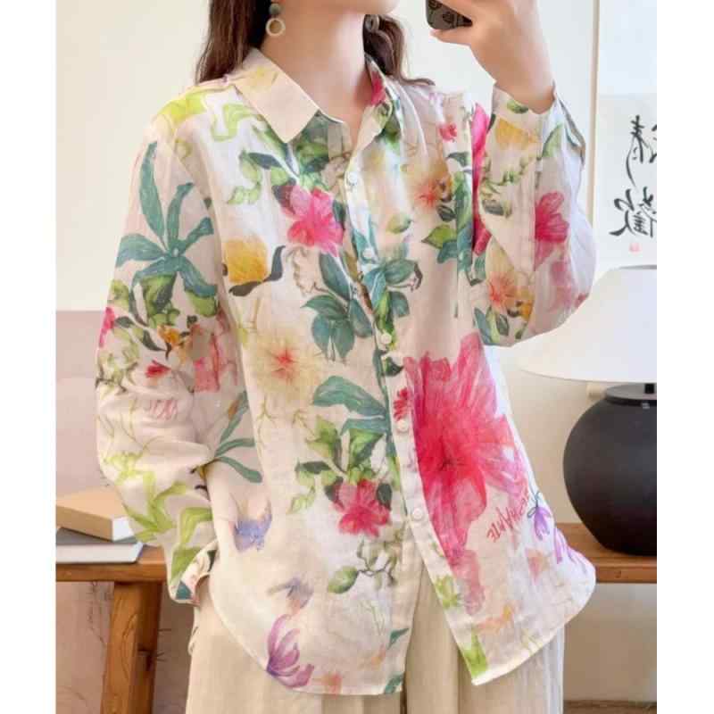 秋服 レディース ファッション オシャレ カワイイ シンプル 大人カワイイ 大きいサイズ フレンチ 花柄 ラミー 長袖 シャツ 秋 ハイエンド 綿 リネン シャツ 西洋風 カジュアル トップス