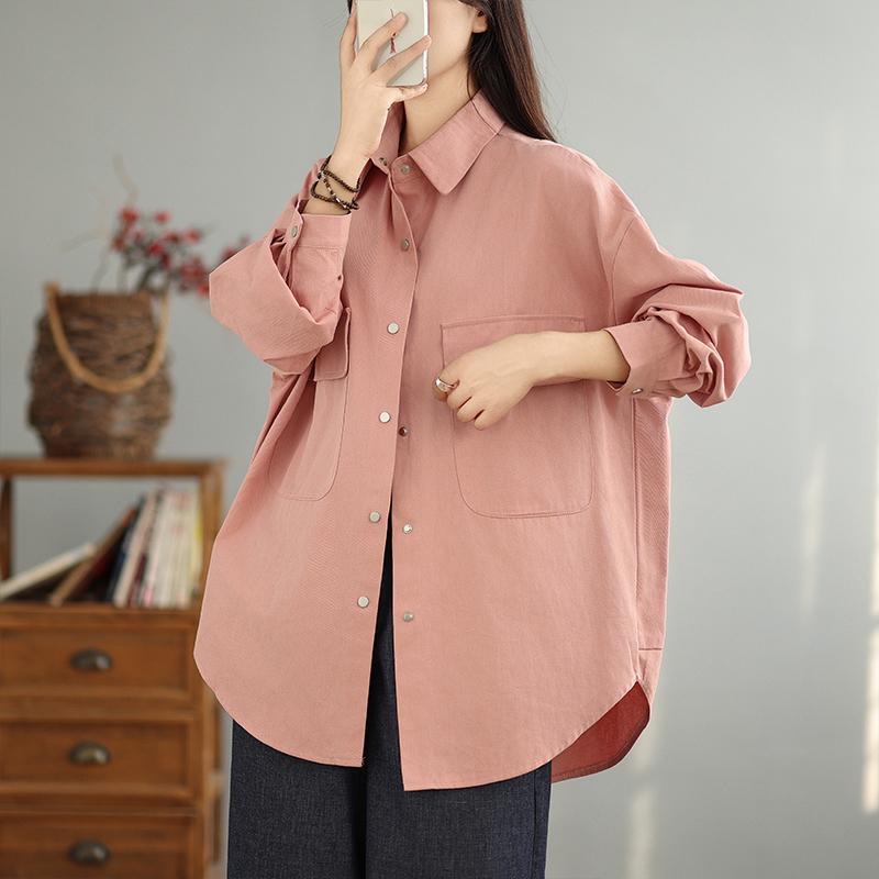 秋服 レディース ファッション オシャレ カワイイ シンプル 大人カワイイ 大きいサイズ ミドル丈 コットン シャツ ジャケット 秋 ポロ カラー 長袖 カジュアル シャツ カーディガン(4.0)