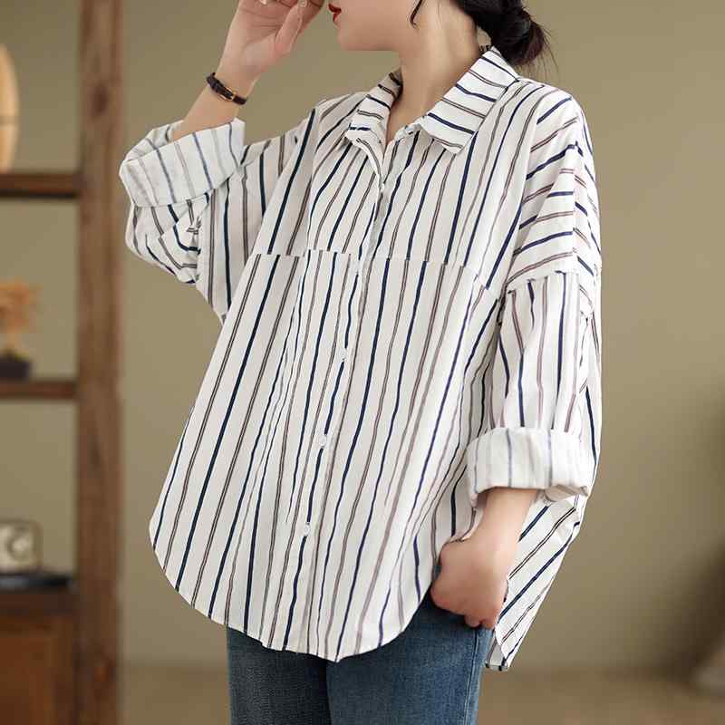 秋服 レディース ファッション オシャレ カワイイ シンプル 大人カワイイ 大きいサイズ 秋 韓国スタイル 綿 ストライプ 長袖 シャツ 女 フィット スリム ジャケット トップス