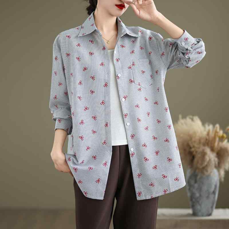 秋服 レディース ファッション オシャレ カワイイ シンプル 大人カワイイ 大きいサイズ プリント ストライプ 長袖 シャツ 秋 ミドル丈 シック カジュアル ジャケット