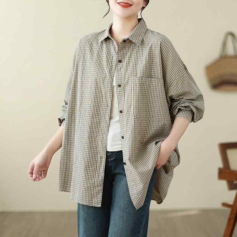 秋服 レディース ファッション オシャレ カワイイ シンプル 大人カワイイ 大きいサイズ 秋 レトロ チェック柄 シャツ カジュアル ボトム 長袖 ジャケット(4.0)