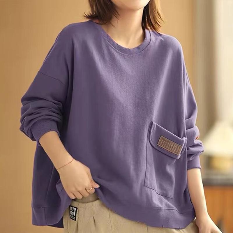 秋服 レディース ファッション オシャレ カワイイ シンプル 大人カワイイ 大きいサイズ 秋 レトロ コットン 長袖 スウェット シャツ 女 カジュアル ラウンドネック プルオーバー 無地 トップス