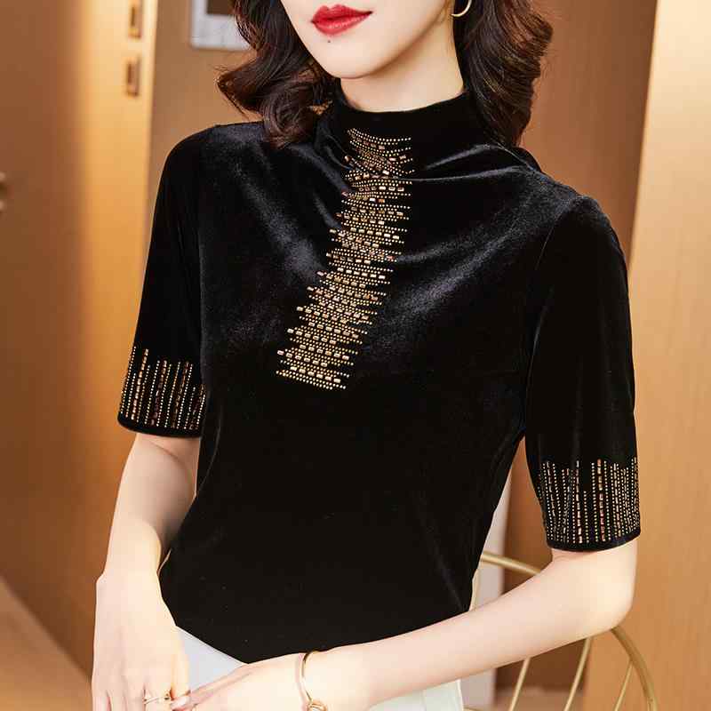 其它 - 秋服 レディース ファッション オシャレ カワイイ シンプル 大人カワイイ 大きいサイズ ゴールド ベルベット ミッド スリーブ T シャツ 春秋 スタイリッシュ 半袖 トップス