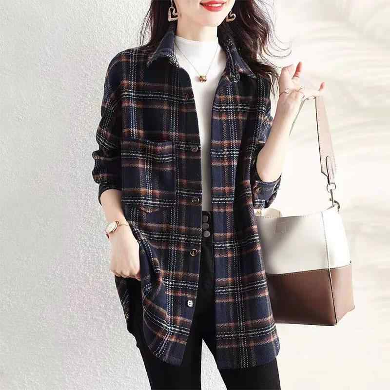 秋服 レディース ファッション オシャレ カワイイ シンプル 大人カワイイ 大きいサイズ 秋 ヴィンテージ チェック柄 長袖 シャツ ミドル丈 ゆったり カーディガン ジャケット