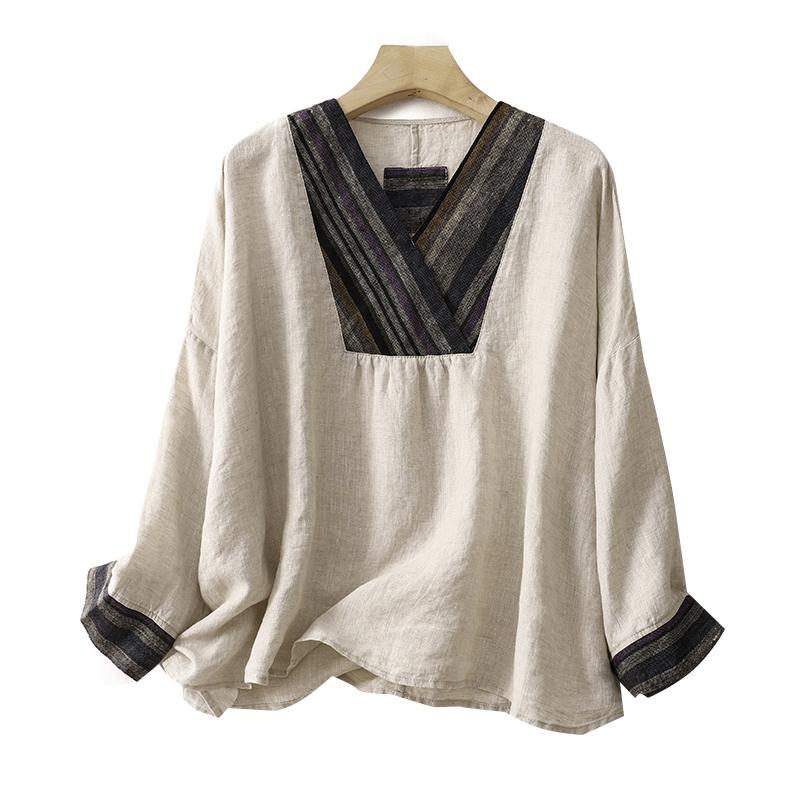 Long-Sleeved - 秋服 レディース ファッション オシャレ カワイイ シンプル 大人カワイイ 大きいサイズ エスニック ストライプ コットンリネン シャツ 秋 クロス Vネック リネン カジュアル プルオーバー 長袖 トップス