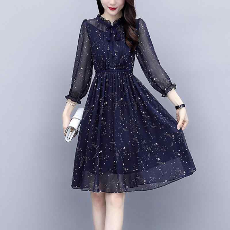 秋服 レディース ファッション オシャレ カワイイ シンプル 大人カワイイ 大きいサイズ 花柄 シフォン ドレス 秋 長袖 スリム 大きい裾 ミドル丈 スカート