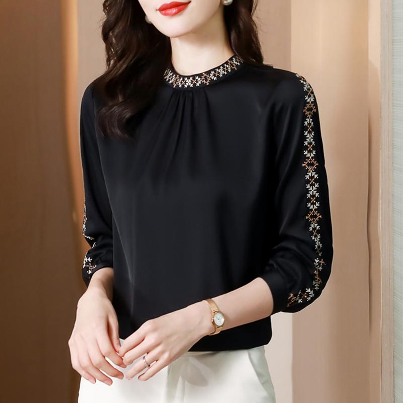 Long-Sleeved - 秋服 レディース ファッション オシャレ カワイイ シンプル 大人カワイイ 大きいサイズ サテン シャツ 春秋 ハイエンド トップス 長袖 シャツ