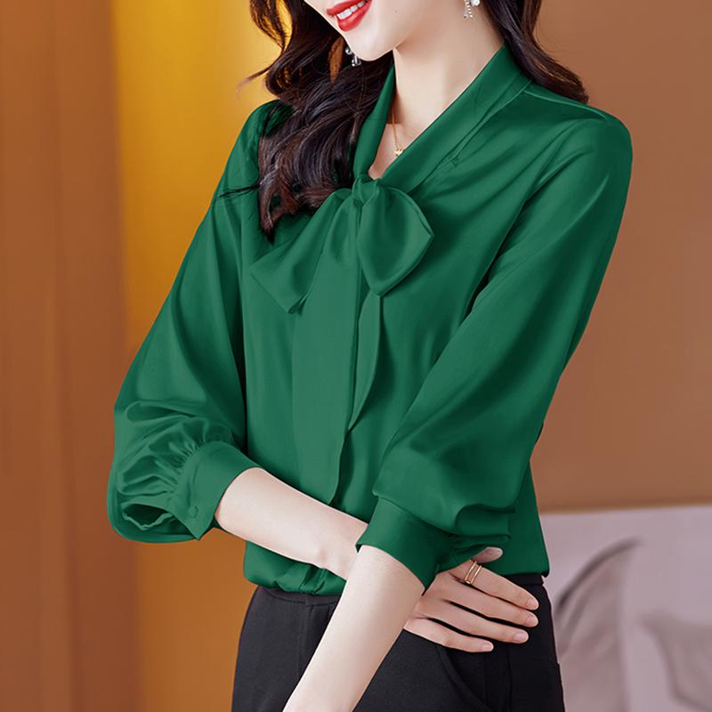 Long-Sleeved - 秋服 レディース ファッション オシャレ カワイイ シンプル 大人カワイイ 大きいサイズ シフォン シャツ リボン トップス シャツ 長袖