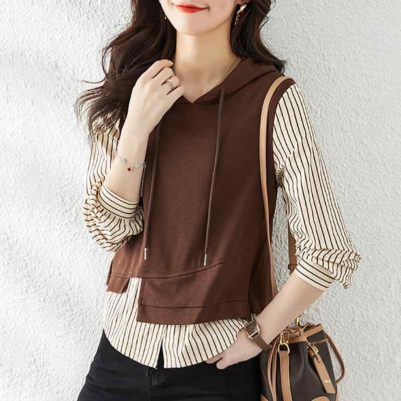 秋服 レディース ファッション オシャレ カワイイ シンプル 大人カワイイ 大きいサイズ フード付き スウェット シャツ フェイク ツーピース トップス