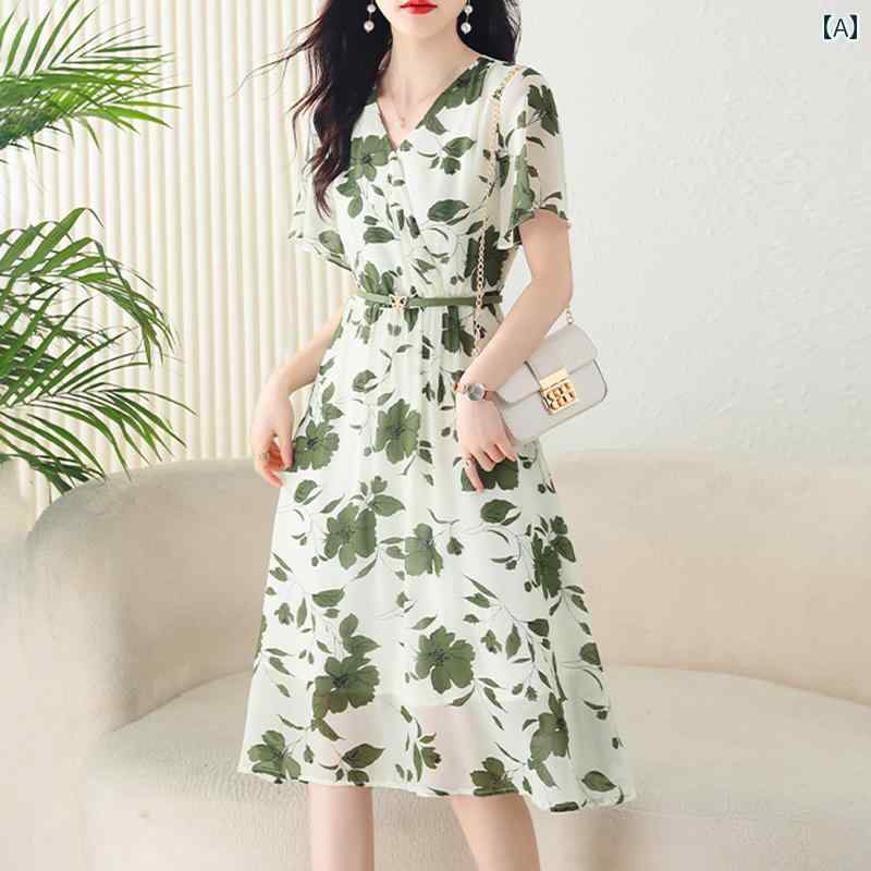 秋服 レディース ファッション オシャレ カワイイ シンプル 大人カワイイ 大きいサイズ 花柄 シフォン ドレス 秋 半袖 ミドル丈 スカート