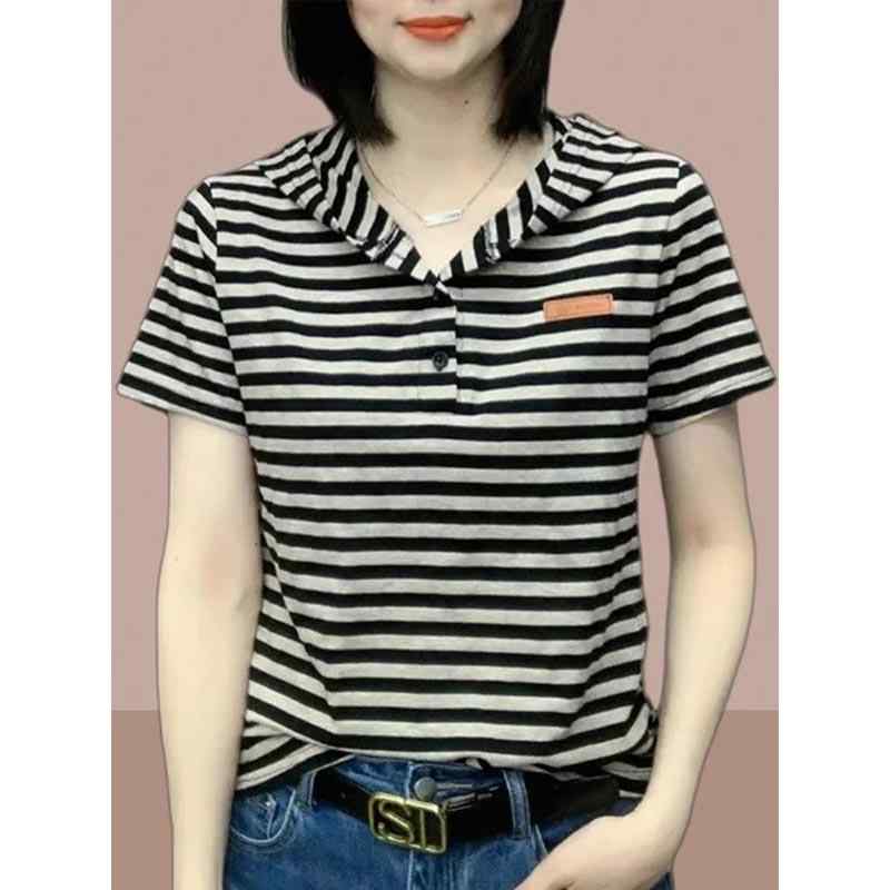 秋服 レディース ファッション オシャレ カワイイ シンプル 大人カワイイ 大きいサイズ ストライプ 半袖 T シャツ 秋 綿 スリム フード付き ボディ シャツ